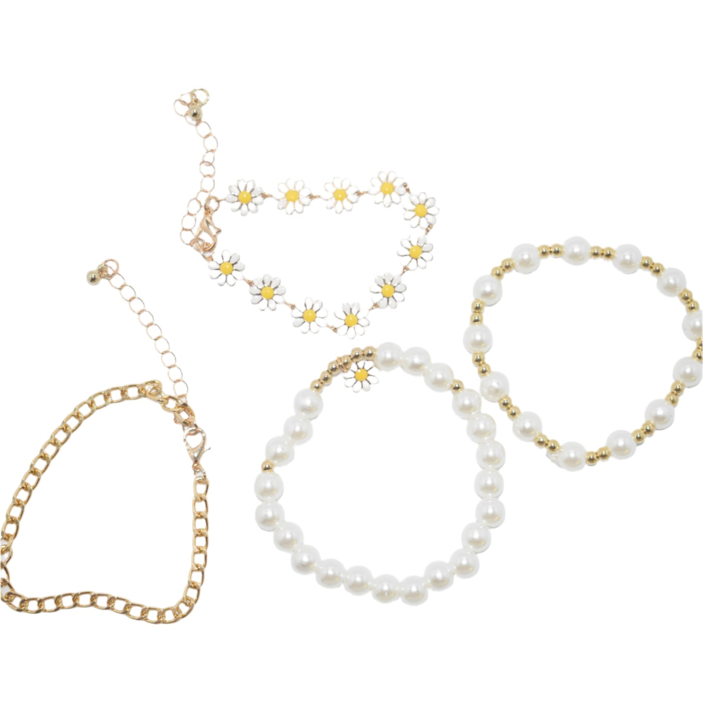 4-piece sunflower pendant bracelet set with floral chain designs.
Close-up of trendy Korean flower chain bracelets with sunflower pendants.
Delicate sunflower pendant bracelet set, perfect for stacking or gifting.
Fashionable Korean-inspired sunflower bracelets in a 4-piece set.