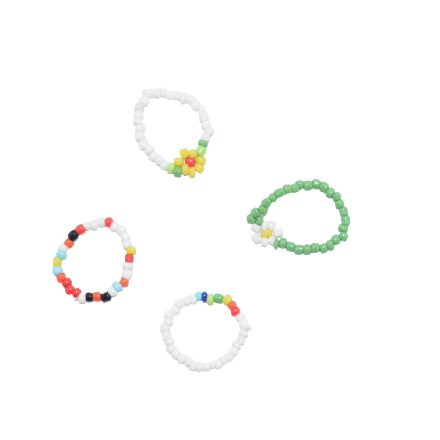 Set of 4 Bohemian daisy flower beaded rings with colorful resin and acrylic beads."
"Close-up of 4 hand-woven elastic rings featuring daisy flower accents and colorful beads."
"Boho-chic set of 4 beaded rings with daisy flowers, made of resin and acrylic."
"Colorful elastic beaded rings set with daisy flower design, perfect for bohemian style."
"Set of 4 vibrant bohemian rings featuring daisy flowers, made from colorful resin and acrylic beads."