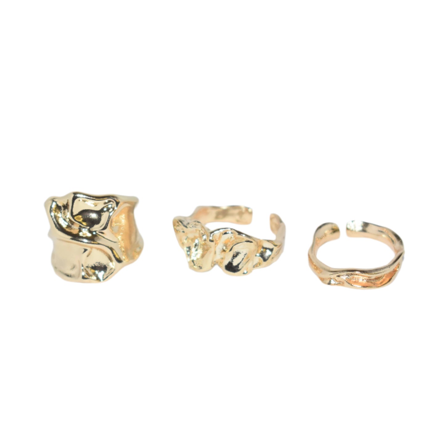 3-piece gold geometric ring set with gothic irregular designs.
Close-up of unique gold metal rings in geometric and irregular shapes.
Gold geometric rings stacked together, featuring bold gothic style.
Detailed view of gothic-inspired irregular gold rings for a bold look.
3-piece gold ring set, perfect for stacking with geometric and irregular designs.