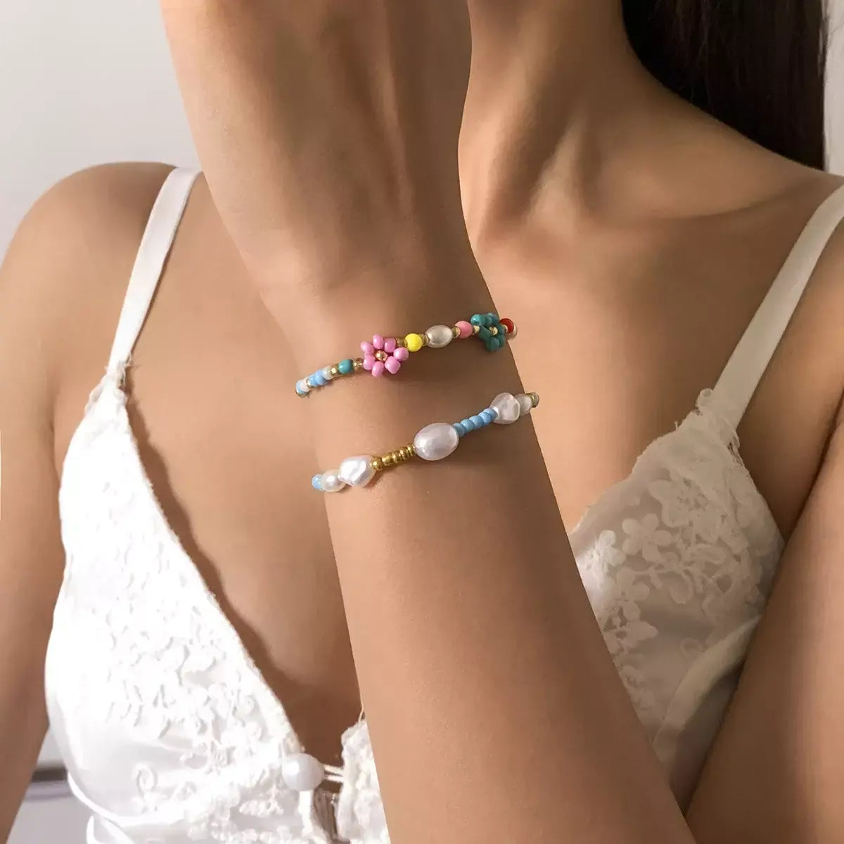 Boho Colorful Bead Bracelet Set – Flower & Pearl Designer Jewelry