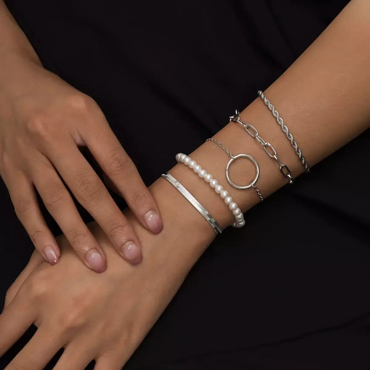 Flat Snake Twist Chain & O-Shaped Buckle Bracelet Set | Silver & Golden