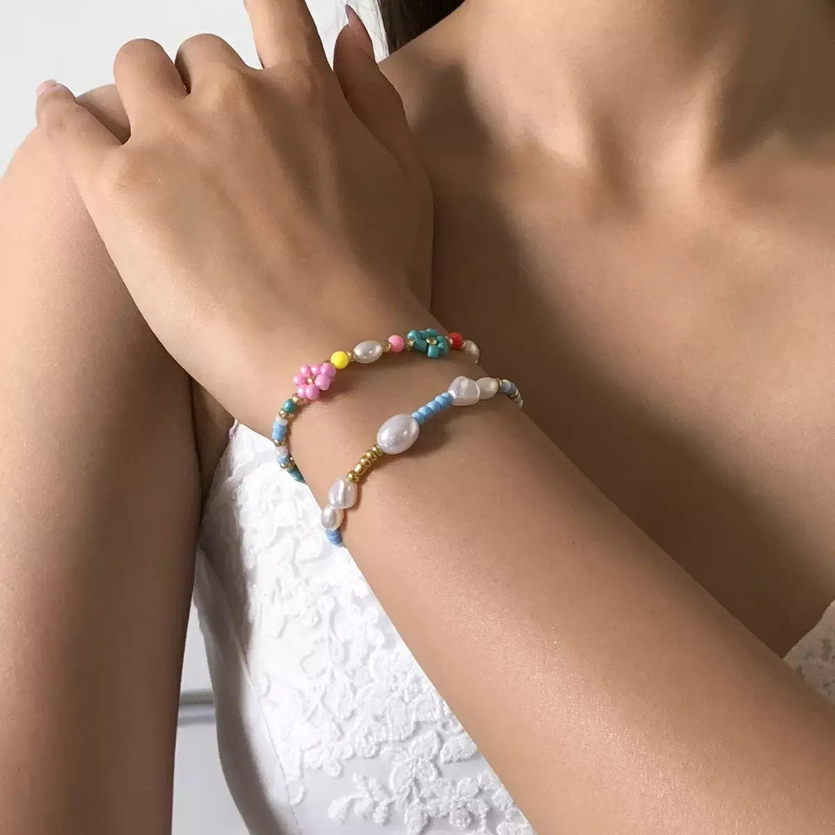 Boho Colorful Bead Bracelet Set – Flower & Pearl Designer Jewelry