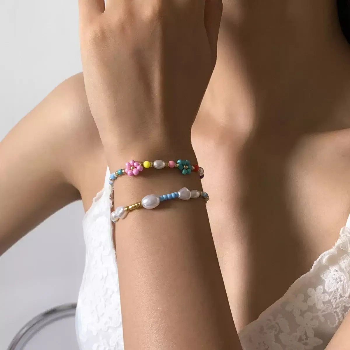 Boho Colorful Bead Bracelet Set – Flower & Pearl Designer Jewelry