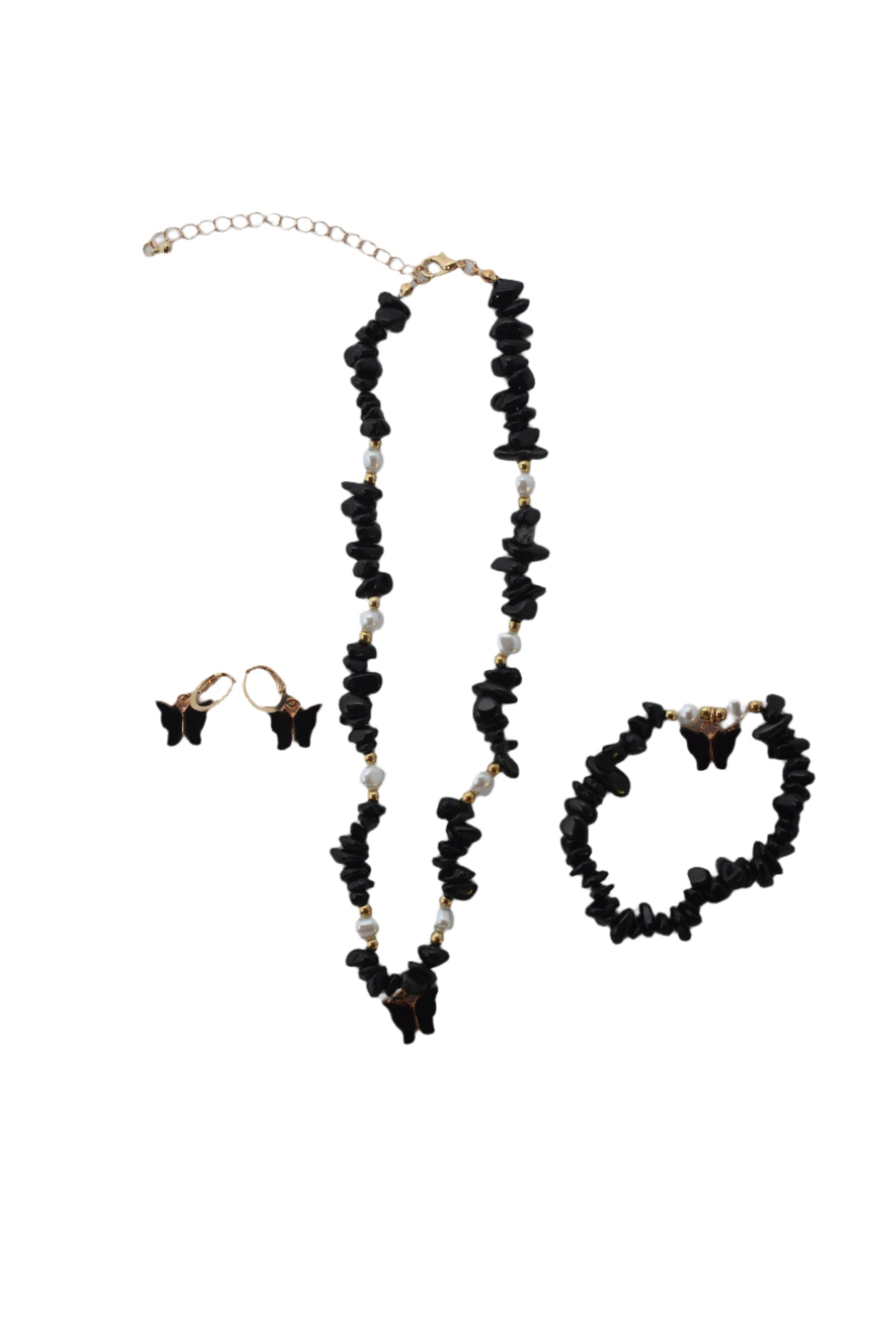 Natural stone butterfly pendant necklace set with earrings and bracelet."
"Close-up of natural irregular stone necklace with butterfly pendant, matching earrings, and bracelet."
"Boho-style necklace set with beaded choker, butterfly pendant, earrings, and bracelet."
"Elegant butterfly pendant necklace with matching earrings and bracelet, featuring natural stones."
"Full jewelry set with natural irregular stones, butterfly pendant necklace, earrings, and bracelet for women."