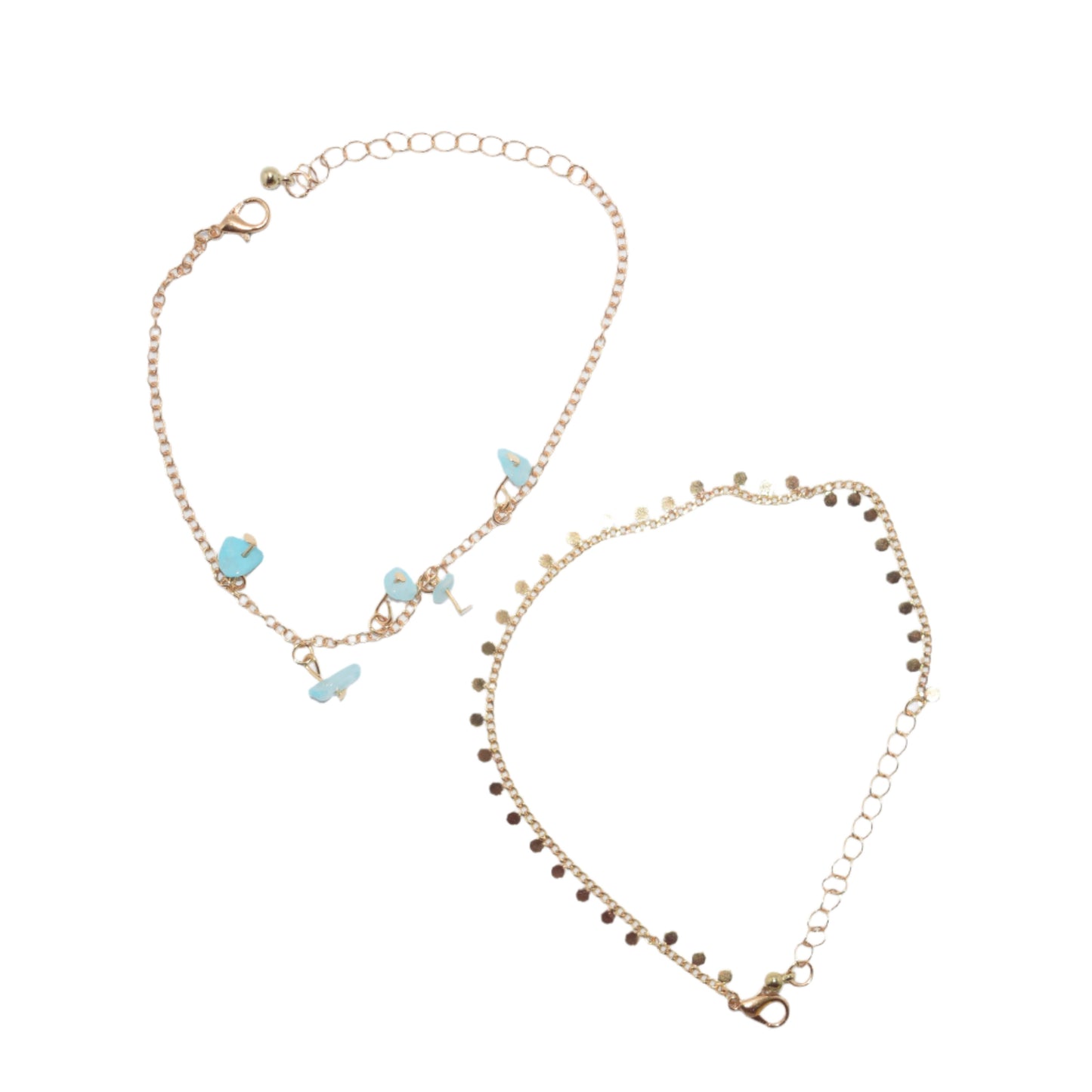 Close-up of 2-chain beaded shell anklet set with blue stones for women.
Summer beach anklet with multi-strand design, featuring blue stones and shells.
Stylish 2-chain anklet set with beaded shells and blue stones, perfect for summer.