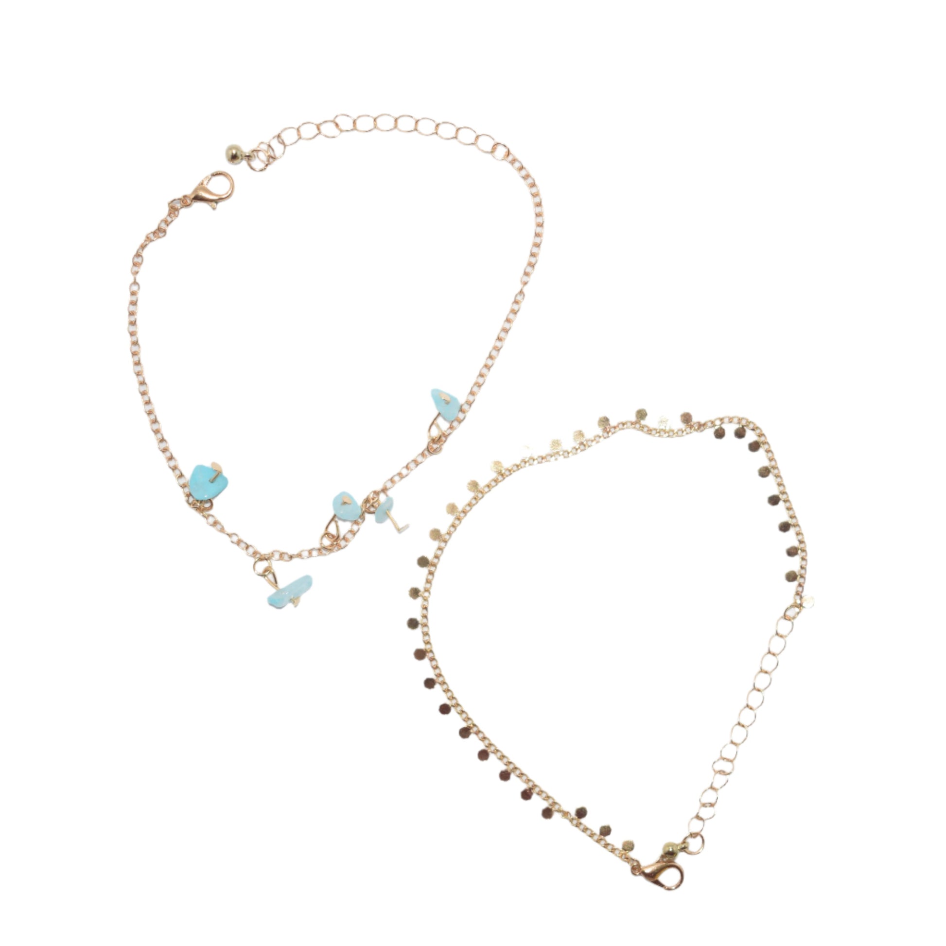 Close-up of 2-chain beaded shell anklet set with blue stones for women.
Summer beach anklet with multi-strand design, featuring blue stones and shells.
Stylish 2-chain anklet set with beaded shells and blue stones, perfect for summer.