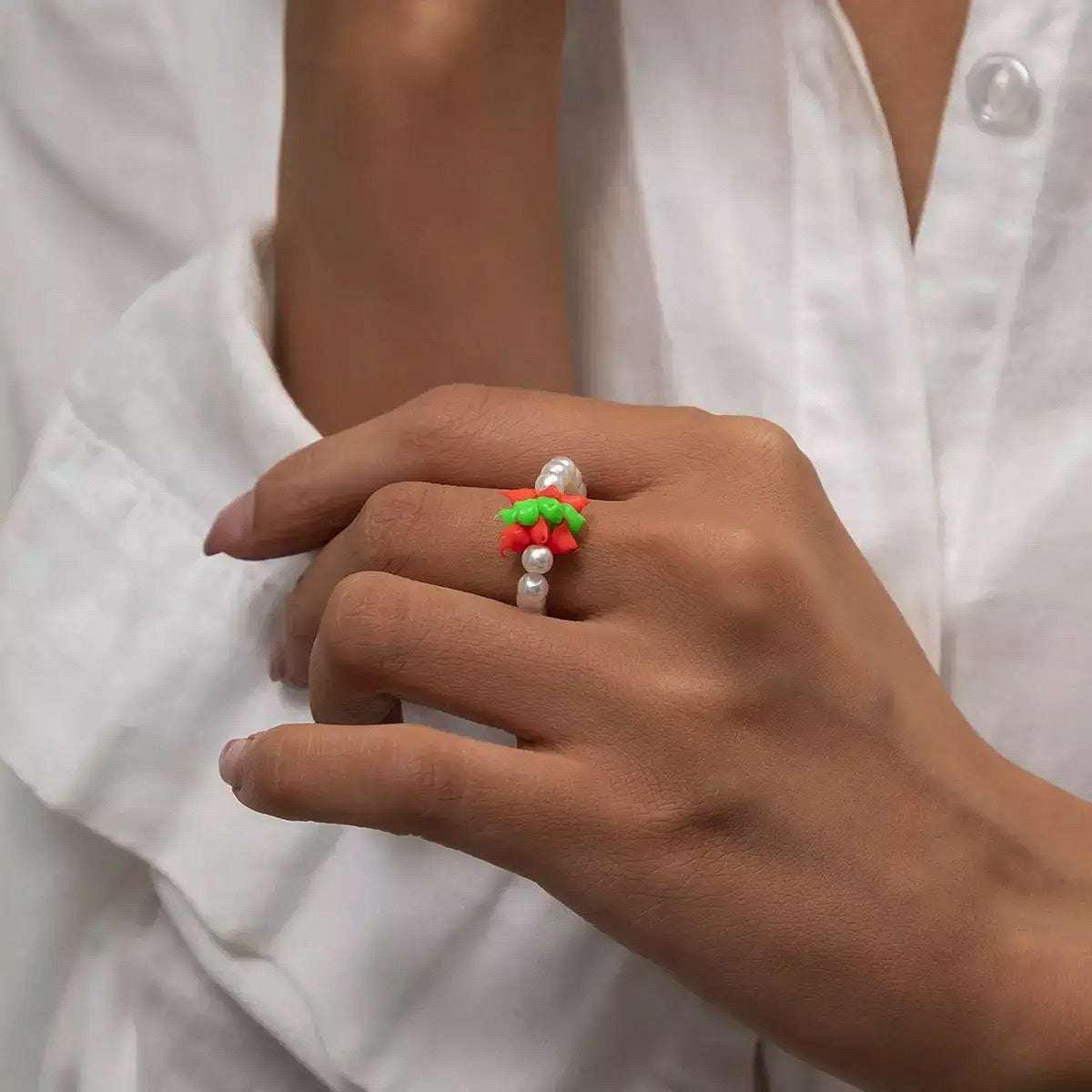 Pearl Beaded Ring | Red & Green Soft Clay