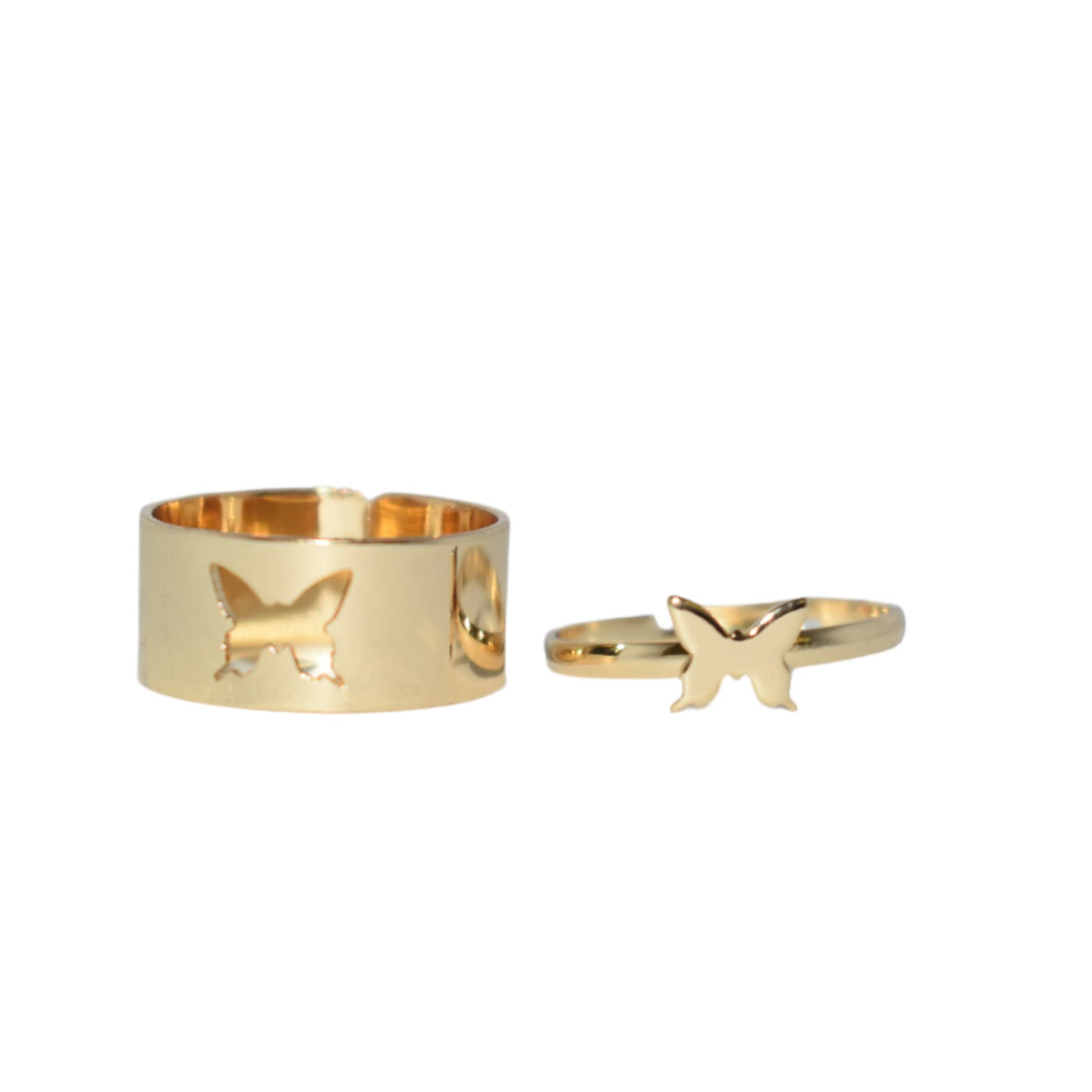 Gold butterfly couple rings set with adjustable open design."
"Close-up of adjustable gold butterfly rings for couples or friends."
"Elegant gold butterfly rings, perfect for engagement, wedding, or friendship."
"Adjustable gold couple rings with butterfly design for men and women."
"Stylish gold butterfly rings set, ideal for lovers and special occasions."