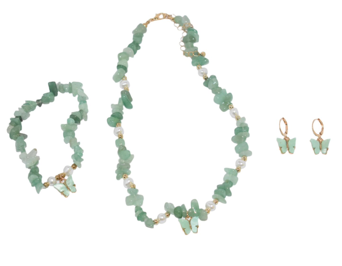"Green natural stone butterfly pendant necklace set with earrings and bracelet."
"Close-up of green irregular stone necklace with butterfly pendant, matching earrings, and bracelet."
"Boho-style green necklace set with beaded choker, butterfly pendant, earrings, and bracelet."
"Elegant green butterfly pendant necklace with matching earrings and bracelet, featuring natural stones."
"Full jewelry set with natural green stones, butterfly pendant necklace, earrings, and bracelet for women."