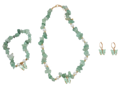"Green natural stone butterfly pendant necklace set with earrings and bracelet."
"Close-up of green irregular stone necklace with butterfly pendant, matching earrings, and bracelet."
"Boho-style green necklace set with beaded choker, butterfly pendant, earrings, and bracelet."
"Elegant green butterfly pendant necklace with matching earrings and bracelet, featuring natural stones."
"Full jewelry set with natural green stones, butterfly pendant necklace, earrings, and bracelet for women."