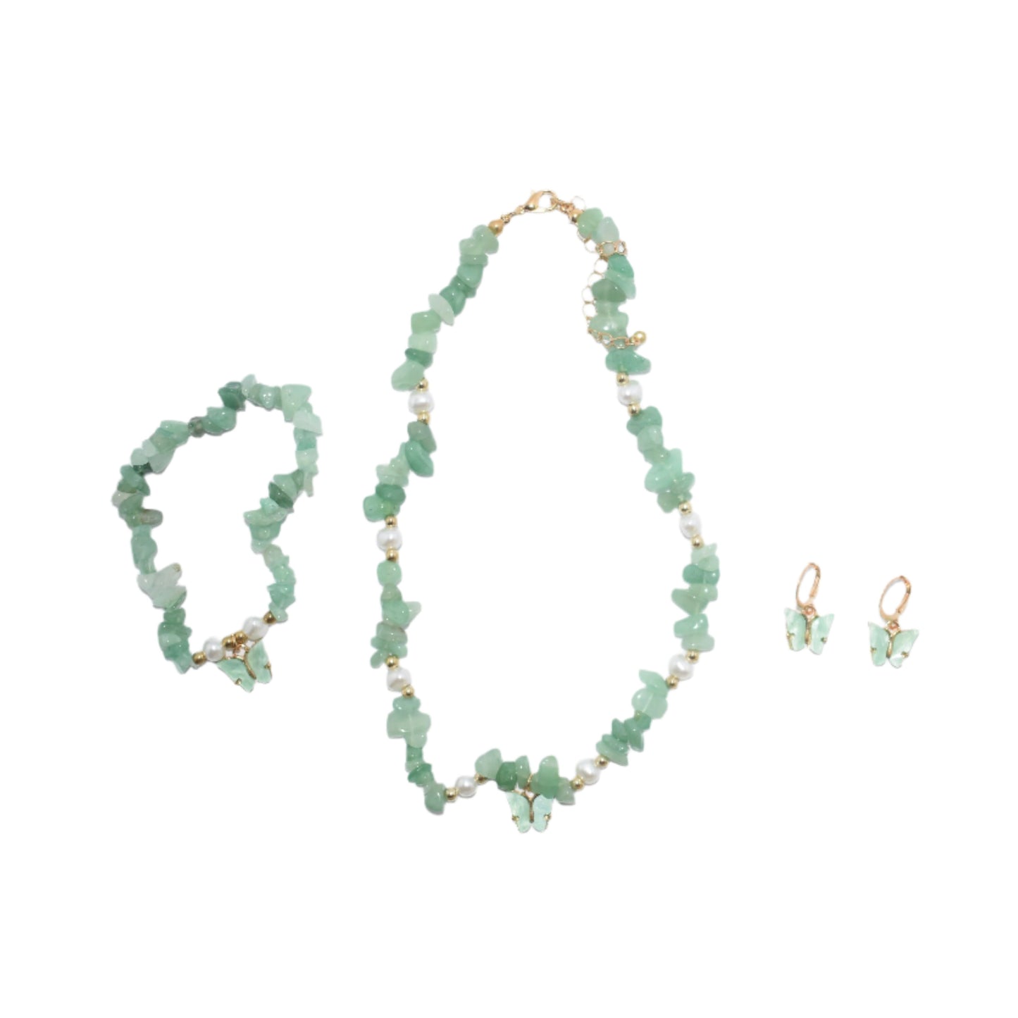 Green natural stone butterfly pendant necklace set with earrings and bracelet."
"Close-up of green irregular stone necklace with butterfly pendant, matching earrings, and bracelet."
"Boho-style green necklace set with beaded choker, butterfly pendant, earrings, and bracelet."
"Elegant green butterfly pendant necklace with matching earrings and bracelet, featuring natural stones."
"Full jewelry set with natural green stones, butterfly pendant necklace, earrings, and bracelet for women."