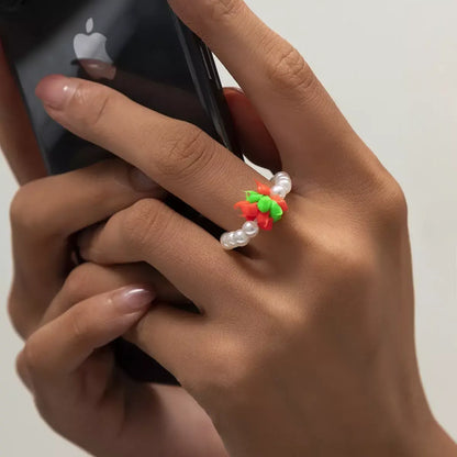 Pearl Beaded Ring | Red & Green Soft Clay