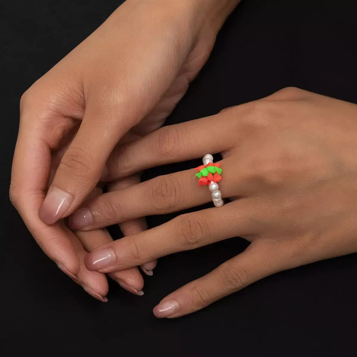 Pearl Beaded Ring | Red & Green Soft Clay