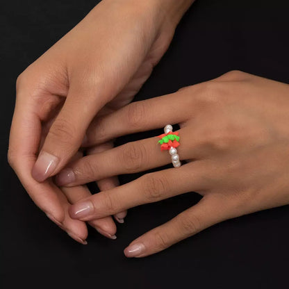 Pearl Beaded Ring | Red & Green Soft Clay