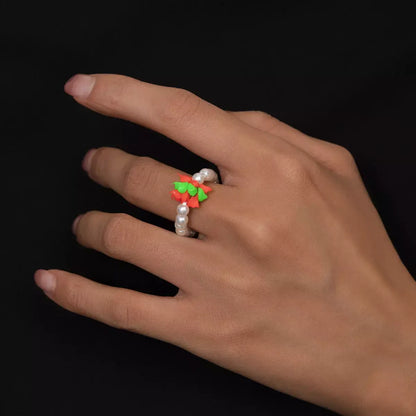 Pearl Beaded Ring | Red & Green Soft Clay
