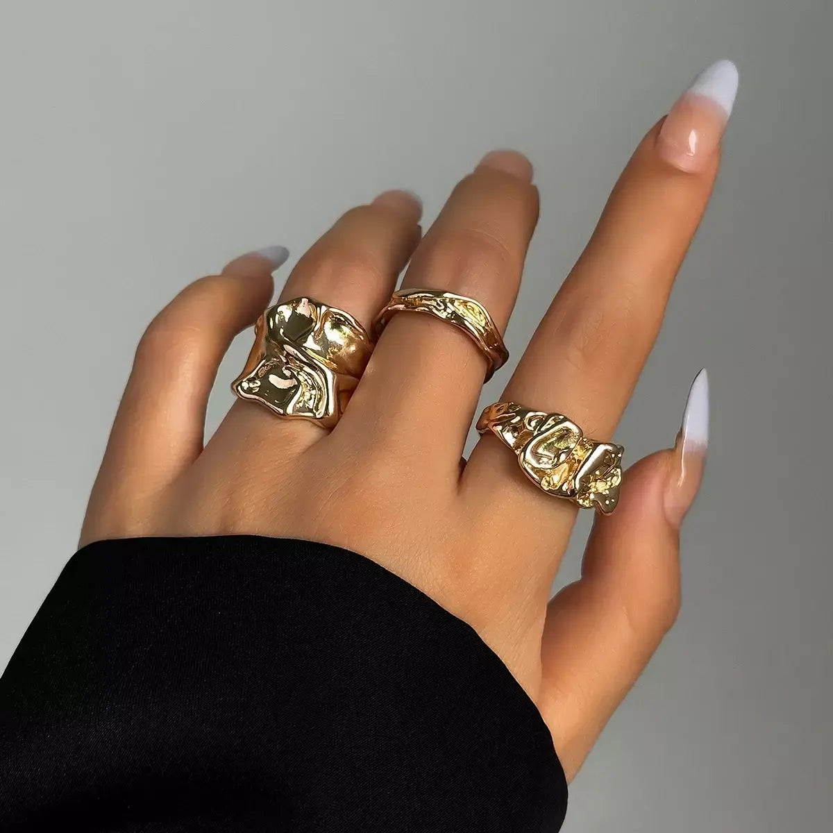 Gold Geometric Ring Set – 3-Piece Gothic Metal Rings