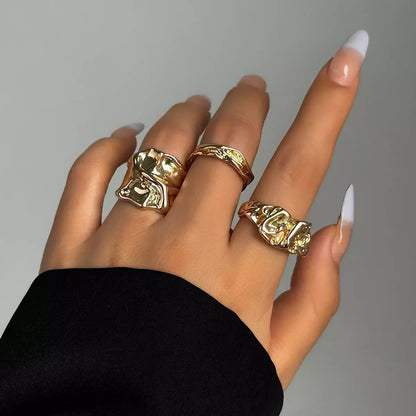 Gold Geometric Ring Set – 3-Piece Gothic Metal Rings