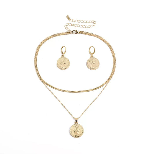 Coin Pendant Necklace & Earring Set | Golden