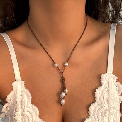 Knotted Leather Pearl Choker