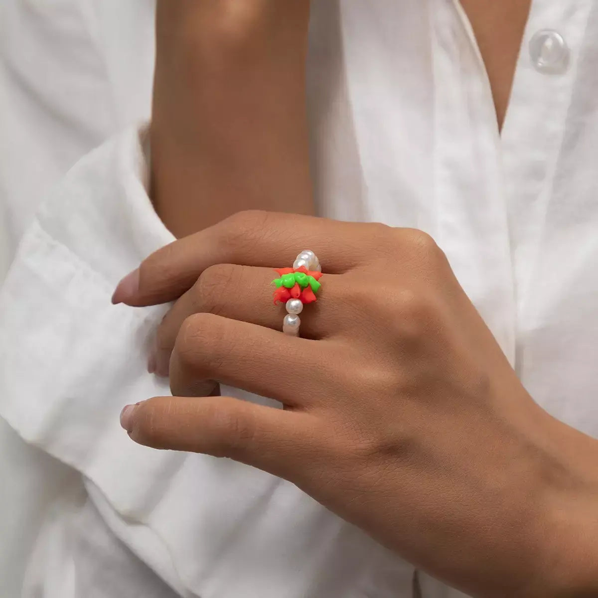Pearl Beaded Ring | Red & Green Soft Clay