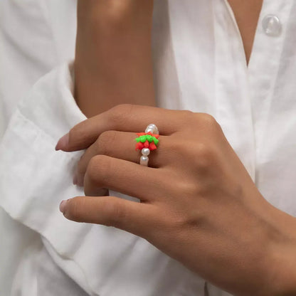 Pearl Beaded Ring | Red & Green Soft Clay