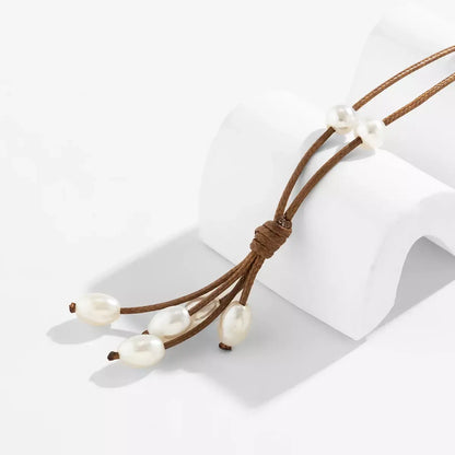 Knotted Leather Pearl Choker