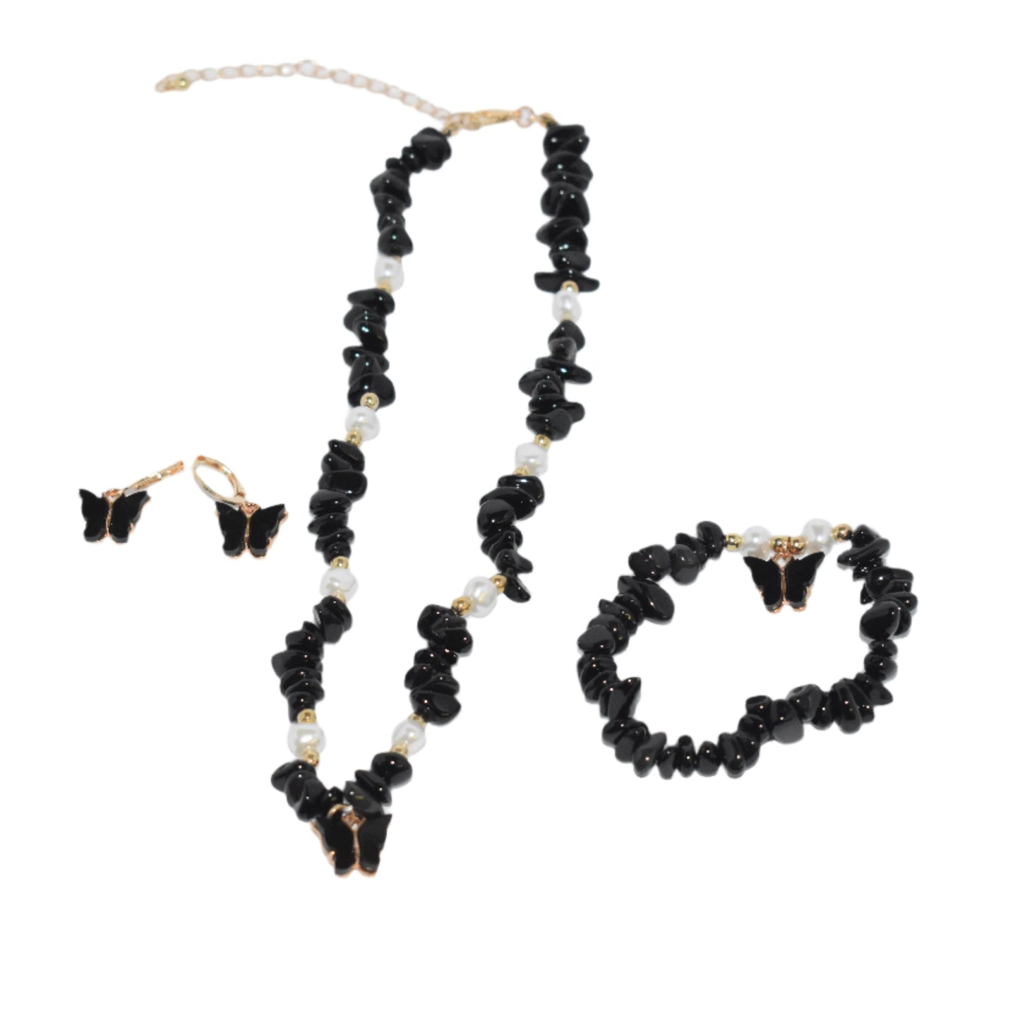 "Boho-style necklace set with beaded choker, butterfly pendant, earrings, and bracelet."
"Elegant butterfly pendant necklace with matching earrings and bracelet, featuring natural stones."
"Full jewelry set with natural irregular stones, butterfly pendant necklace, earrings, and bracelet for women."