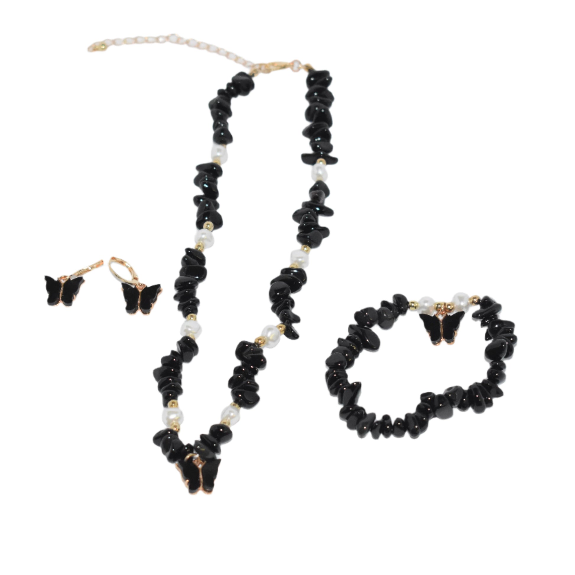 "Boho-style necklace set with beaded choker, butterfly pendant, earrings, and bracelet."
"Elegant butterfly pendant necklace with matching earrings and bracelet, featuring natural stones."
"Full jewelry set with natural irregular stones, butterfly pendant necklace, earrings, and bracelet for women."