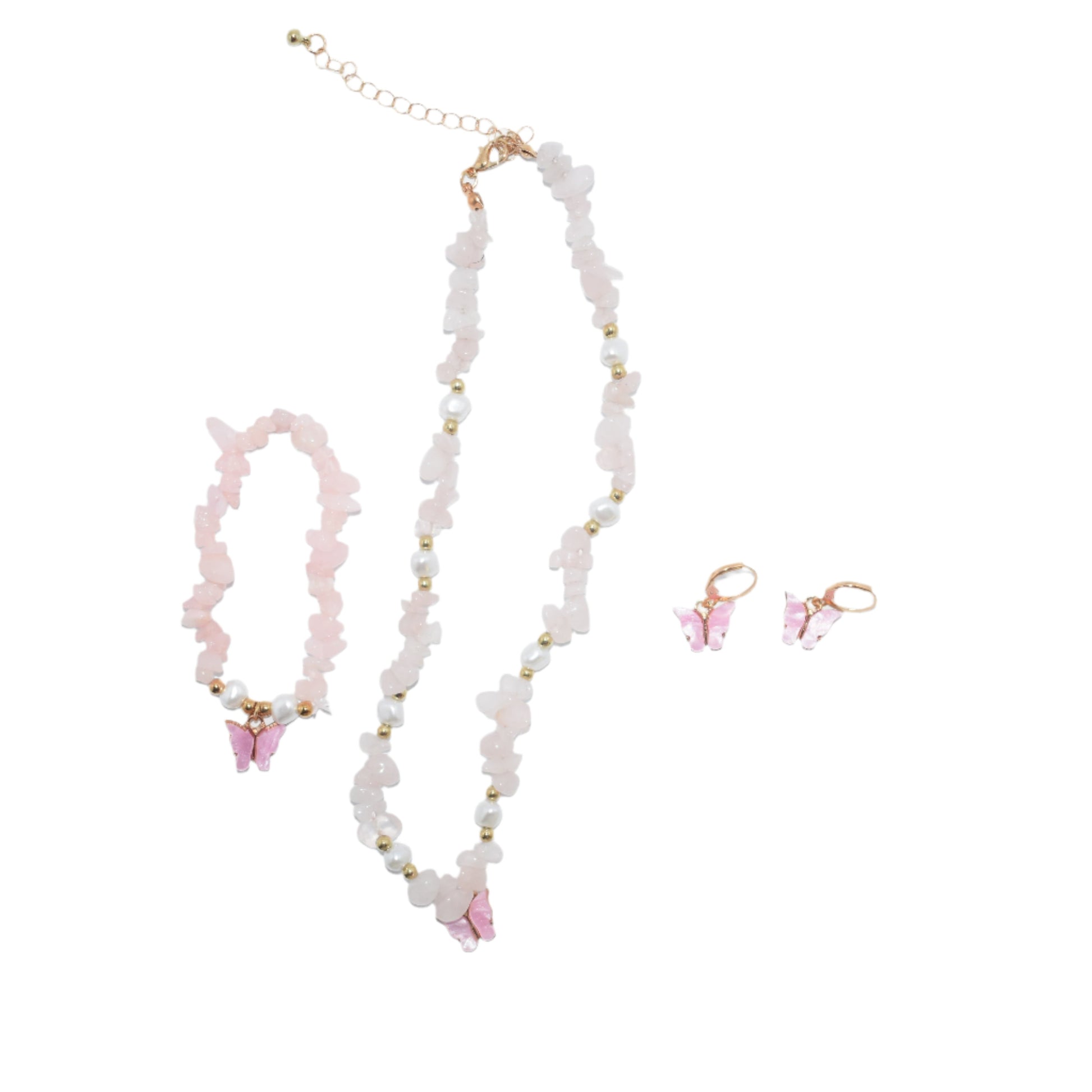 "Pink natural stone butterfly pendant necklace set with earrings and bracelet."
"Close-up of pink irregular stone necklace with butterfly pendant, matching earrings, and bracelet."
"Boho-style pink necklace set with beaded choker, butterfly pendant, earrings, and bracelet."
"Elegant pink butterfly pendant necklace with matching earrings and bracelet, featuring natural stones."
"Full jewelry set with natural pink stones, butterfly pendant necklace, earrings, and bracelet for women."