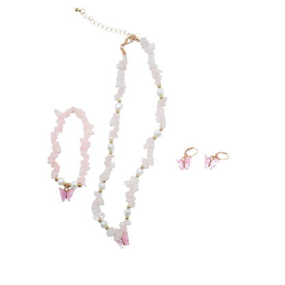"Pink natural stone butterfly pendant necklace set with earrings and bracelet."
"Close-up of pink irregular stone necklace with butterfly pendant, matching earrings, and bracelet."
"Boho-style pink necklace set with beaded choker, butterfly pendant, earrings, and bracelet."
"Elegant pink butterfly pendant necklace with matching earrings and bracelet, featuring natural stones."
"Full jewelry set with natural pink stones, butterfly pendant necklace, earrings, and bracelet for women."