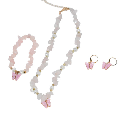 "Pink natural stone butterfly pendant necklace set with earrings and bracelet."
"Close-up of pink irregular stone necklace with butterfly pendant, matching earrings, and bracelet."
"Boho-style pink necklace set with beaded choker, butterfly pendant, earrings, and bracelet."
"Elegant pink butterfly pendant necklace with matching earrings and bracelet, featuring natural stones."
"Full jewelry set with natural pink stones, butterfly pendant necklace, earrings, and bracelet for women."