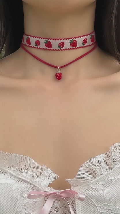 Velvet Strawberry Drop Choker