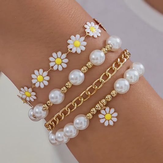 4-Piece Sunflower Pendant Bracelet Set – Trendy Korean Flower Chain Bangles