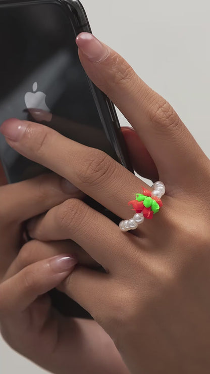 Pearl Beaded Ring | Red & Green Soft Clay