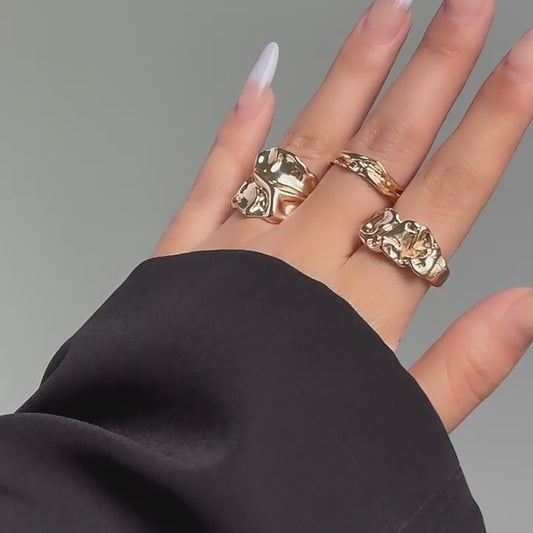 Gold Geometric Ring Set – 3-Piece Gothic Metal Rings